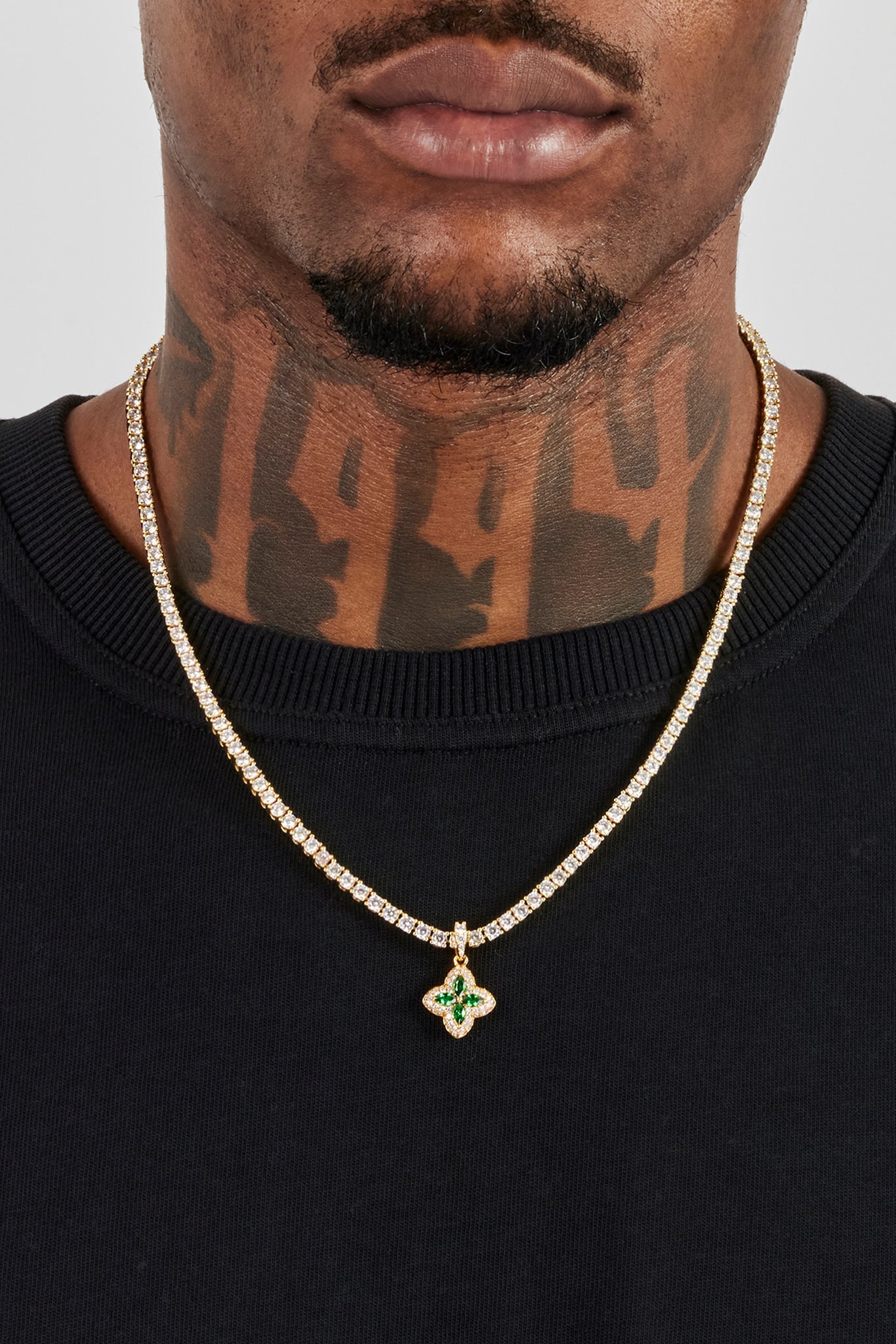 Iced Green Baguette Motif Infinity Pendant - 15mm - Gold