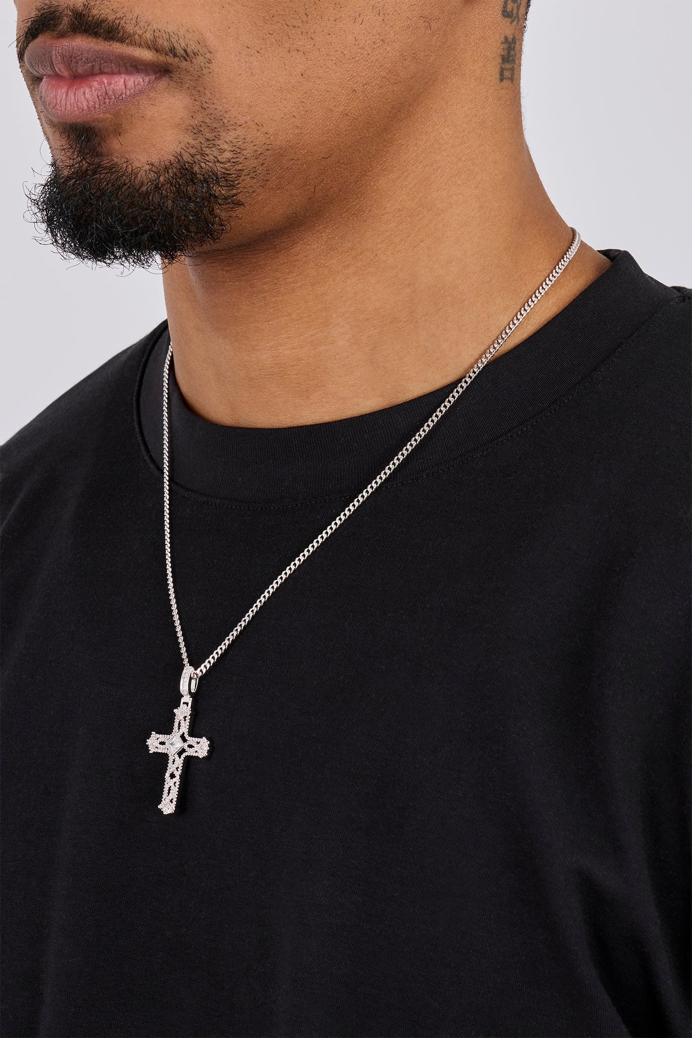 Centre Stone Cross Pendant Necklace - 25mm - White