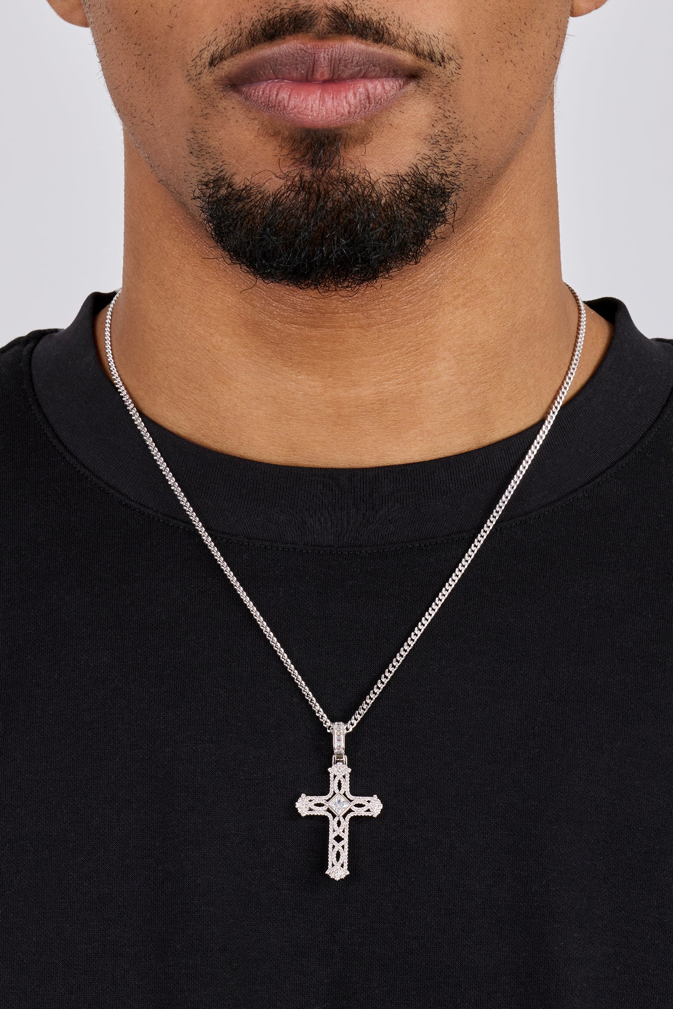 Centre Stone Cross Pendant Necklace - 25mm - White