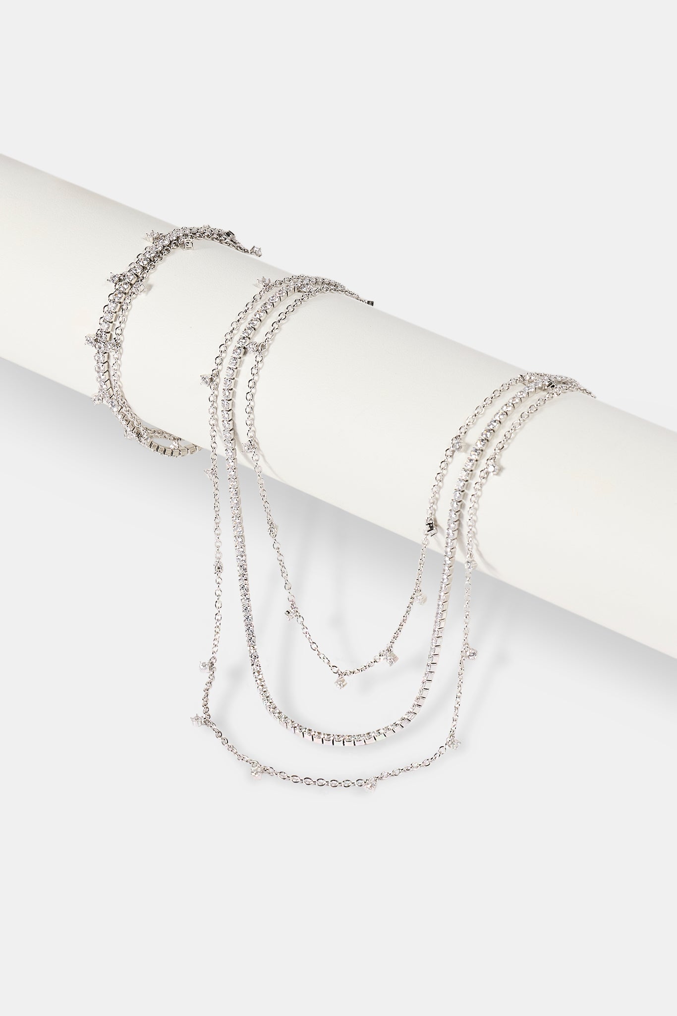 Triple Layer Iced Stone Bracelet & Chain - 5mm - White