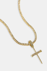 Iced Nail Cross Pendant Tennis Necklace - 20mm - Gold