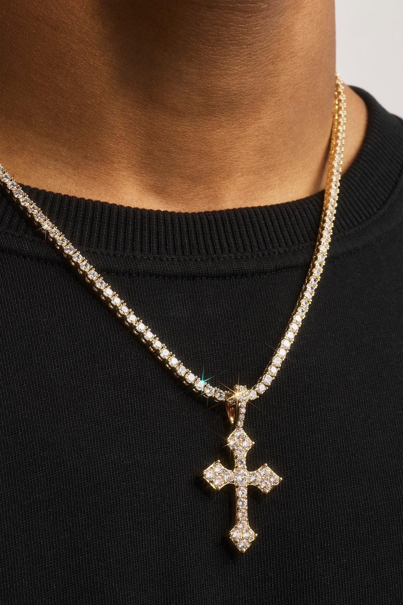 Celtic Cross Pendant Tennis Necklace - 35mm - Gold