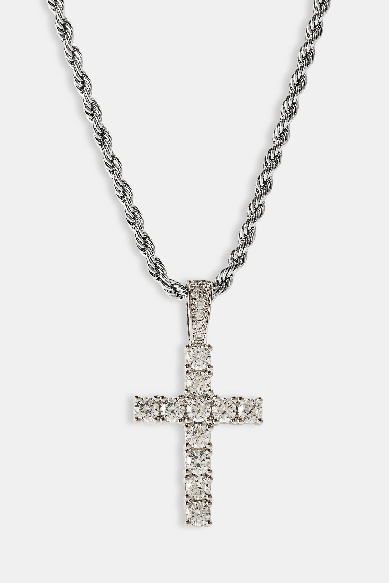 Iced Cross Pendant Rope Necklace - 30mm - White