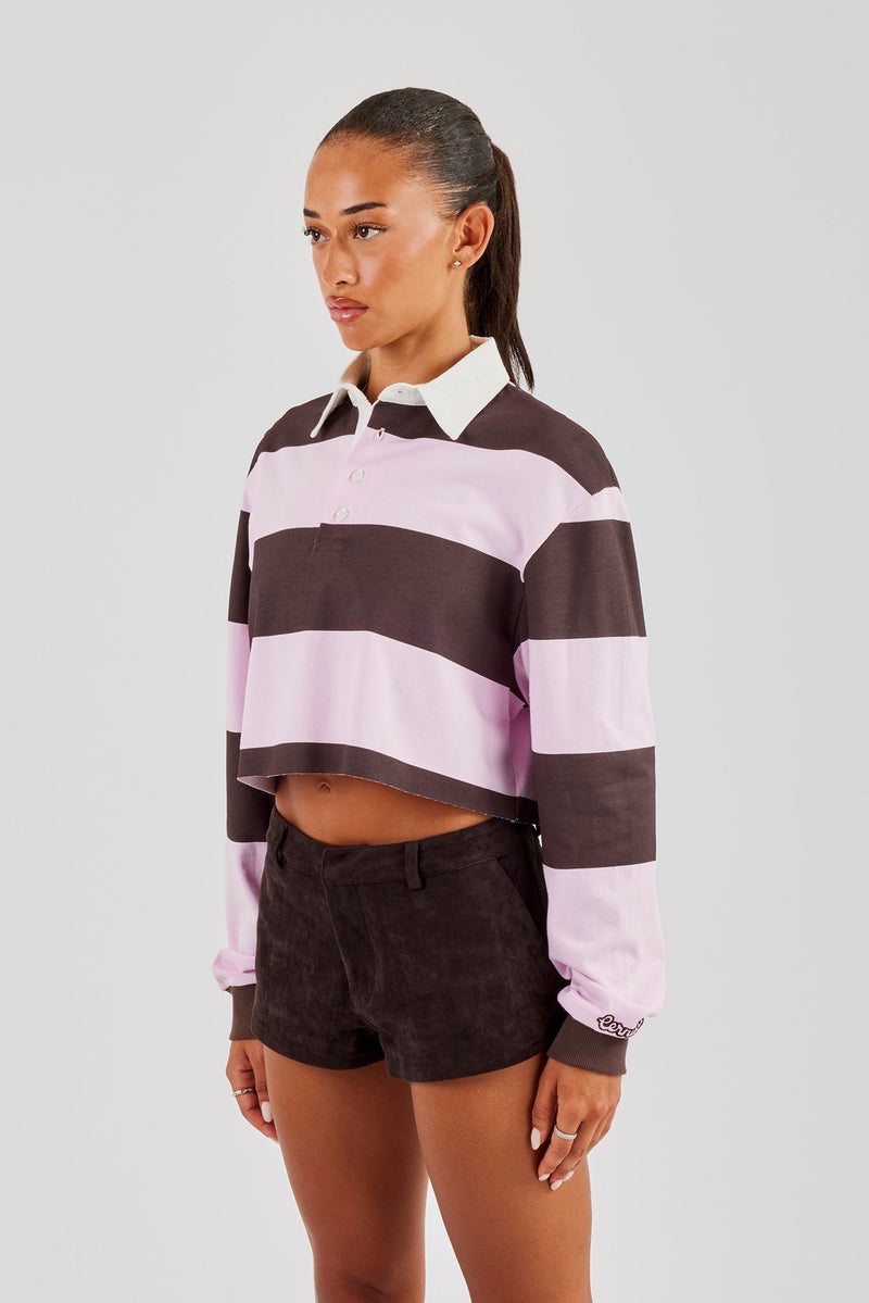 Women's Cropped Striped Rugby Polo Top - Pink