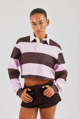 Women's Cropped Striped Rugby Polo Top - Pink