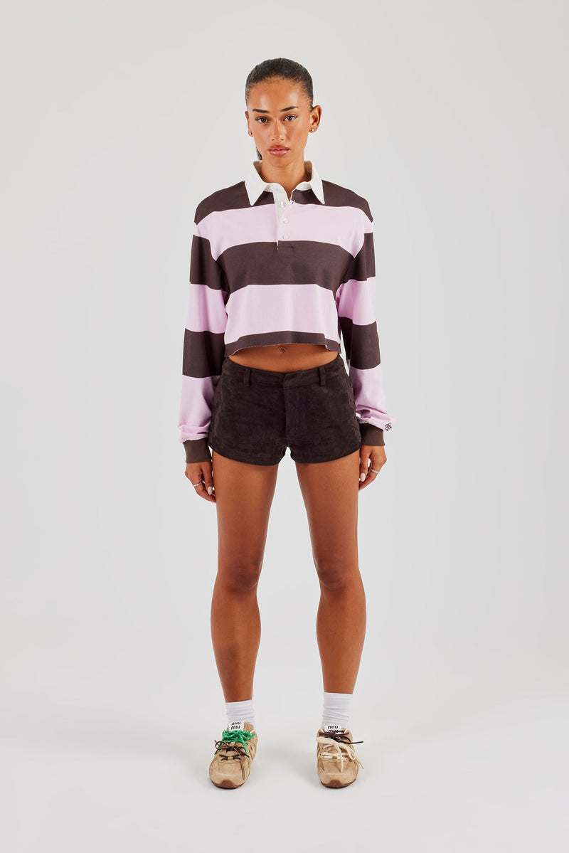 Women's Cropped Striped Rugby Polo Top - Pink