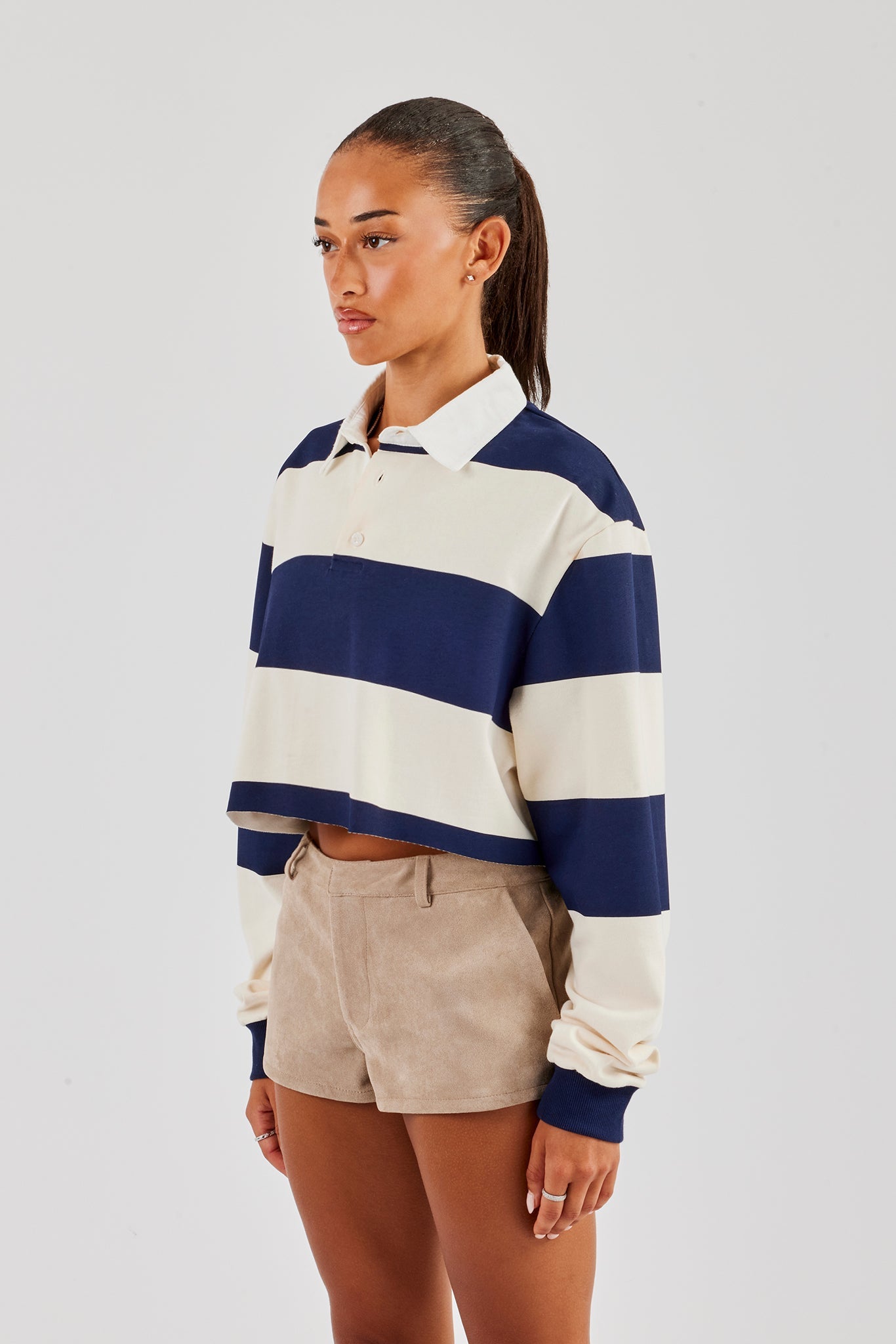 Women's Cropped Striped Rugby Polo Top - Navy | Womens Shirts