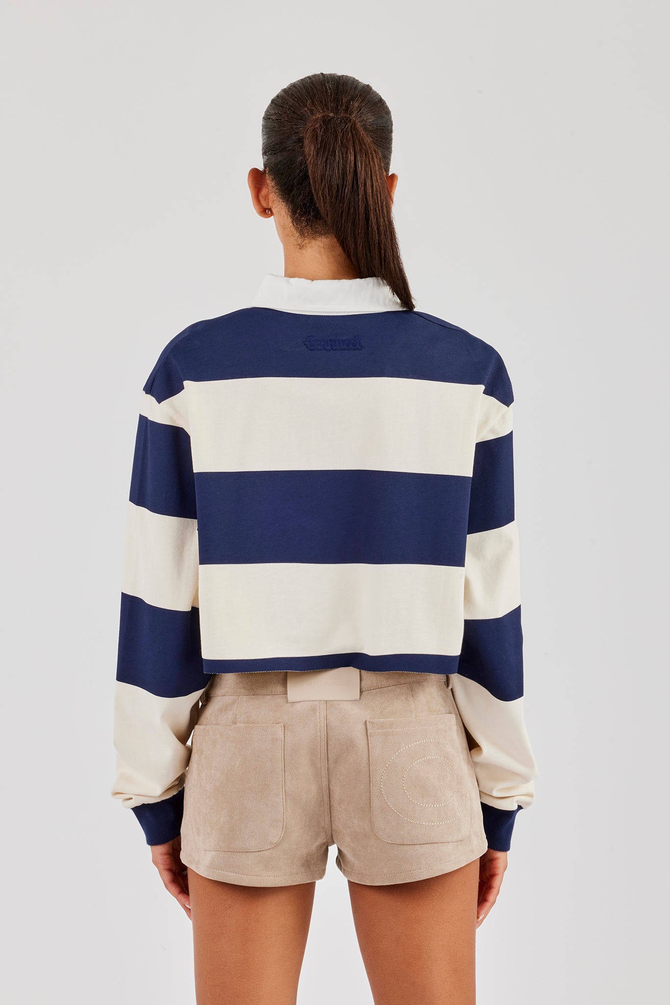 Women's Cropped Striped Rugby Polo Top - Navy
