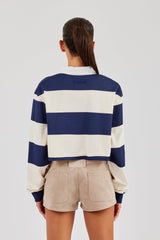 Women's Cropped Striped Rugby Polo Top - Navy