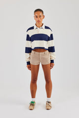 Women's Cropped Striped Rugby Polo Top - Navy