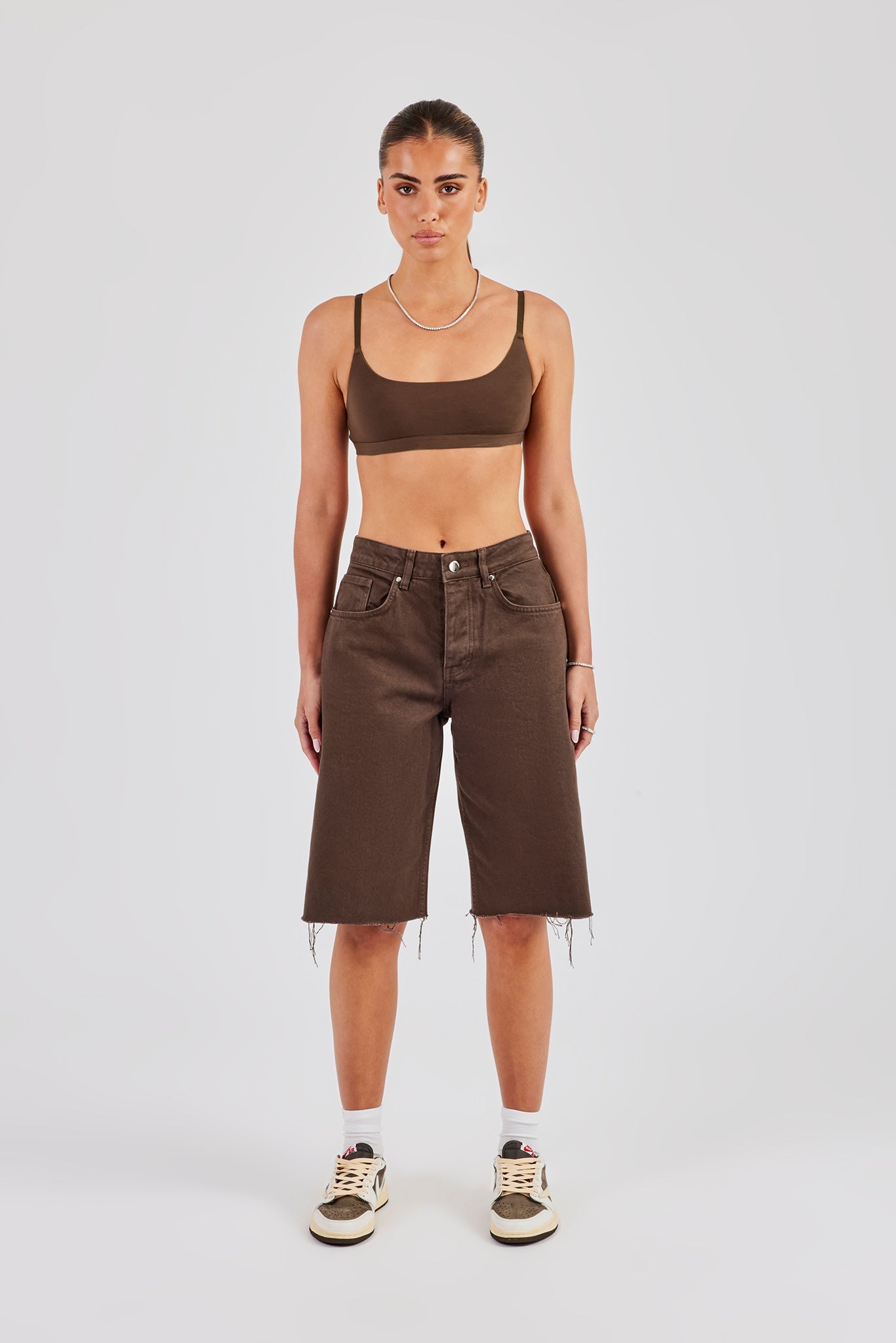 Embellished Denim Jorts - Chocolate