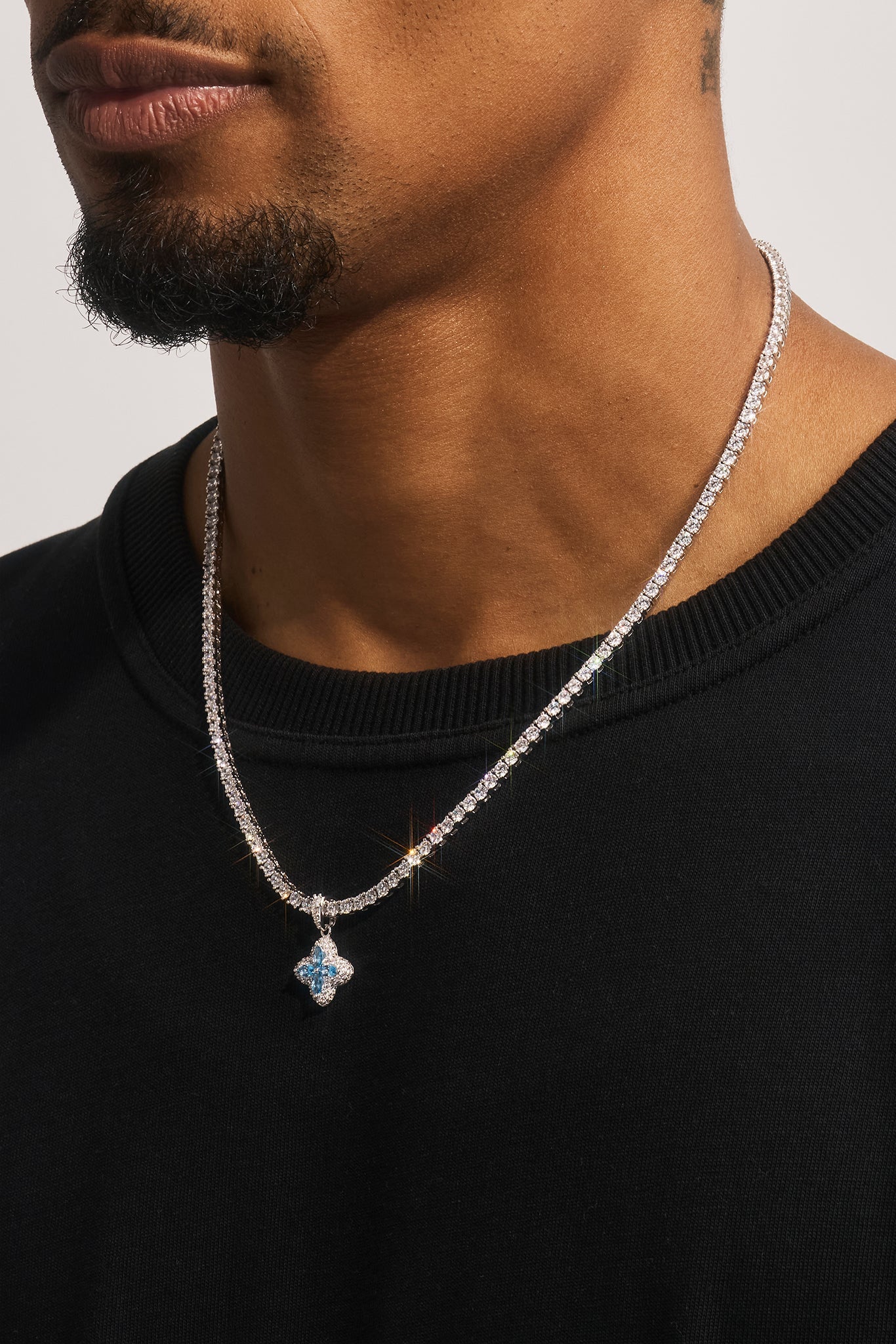 Iced Blue Baguette Motif Infinity Tennis Necklace - 15mm - White
