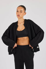 Ribbed Knit Collarless Bomber - Black
