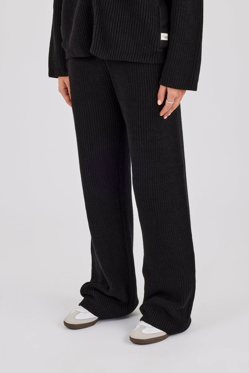 Ribbed Knit Wide Leg Jogger - Black