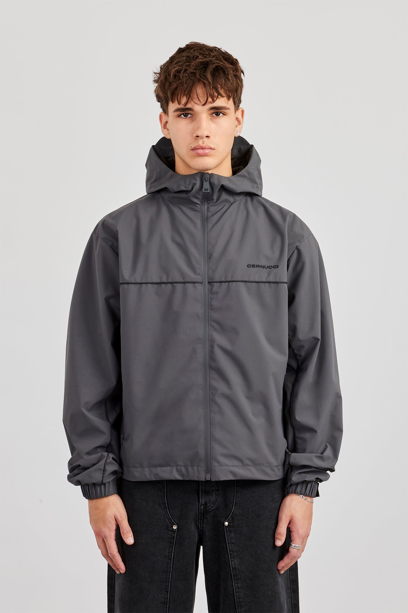 Nylon Track Jacket With Piping - Charcoal