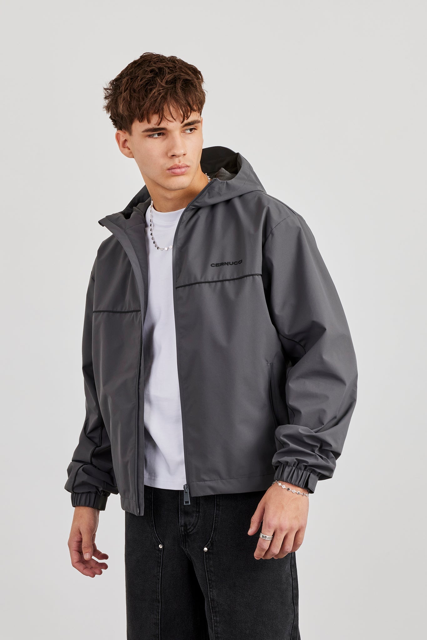 Nylon Track Jacket With Piping - Charcoal