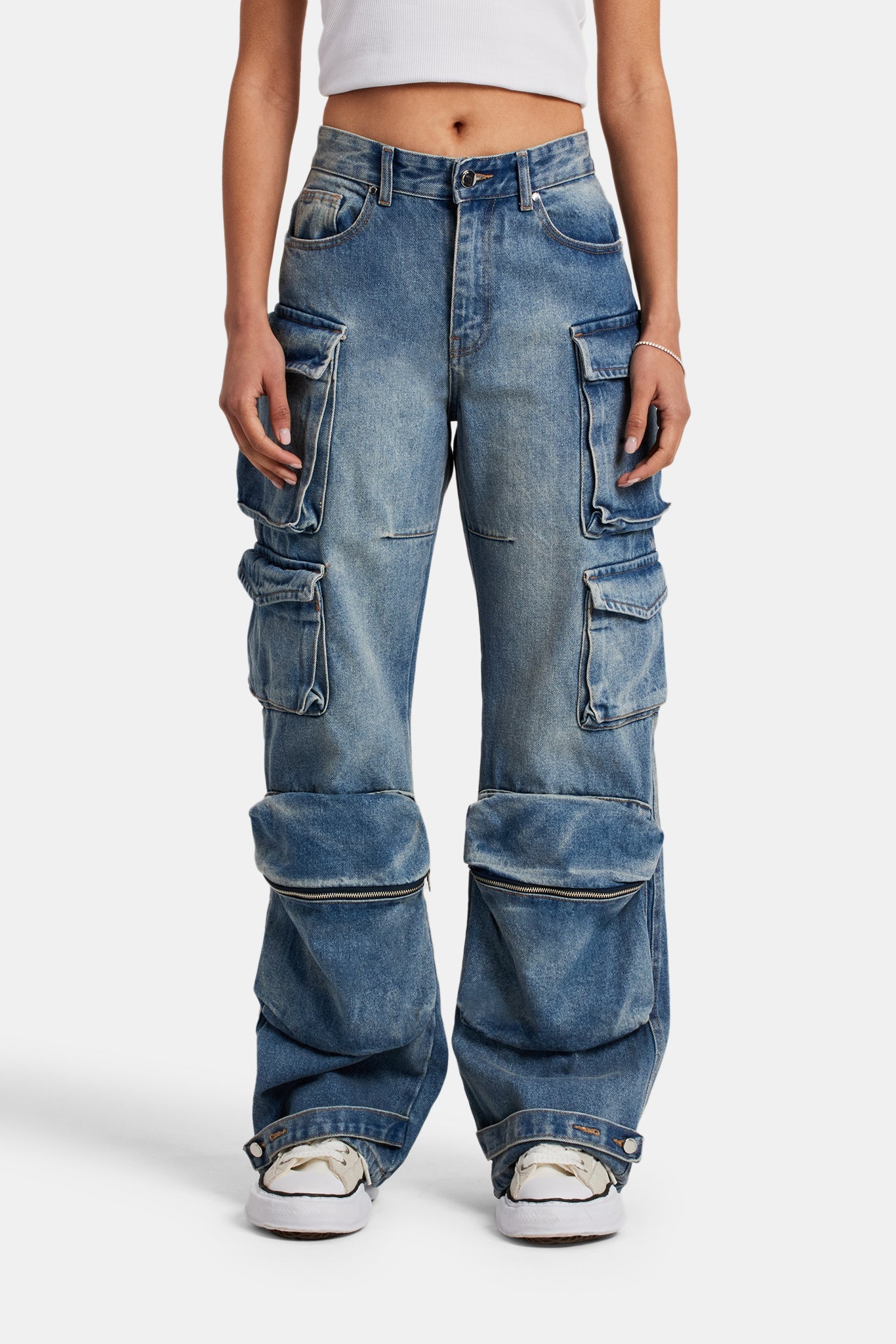 Ladies Relaxed Cargo Jeans - Mid Blue | Womens Denim | Shop Denim