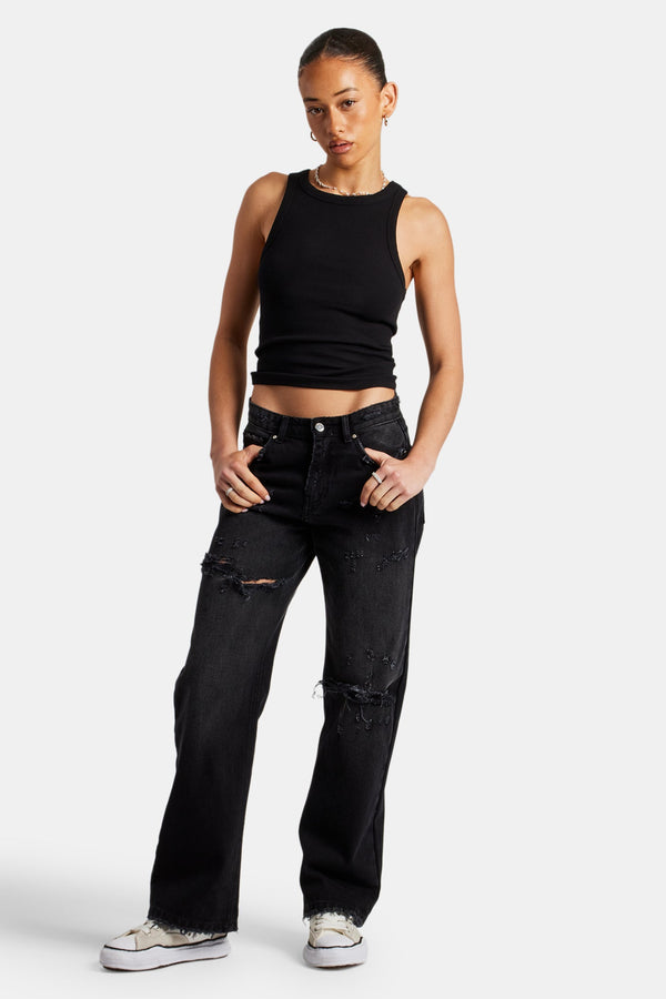 Relaxed Ripped Jeans With Distressing - Washed Black