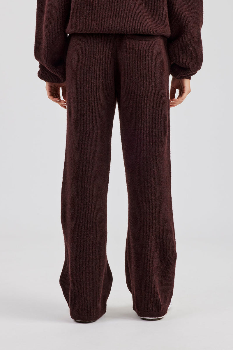 Wide Leg Knit Embroidered Jogger - Chocolate