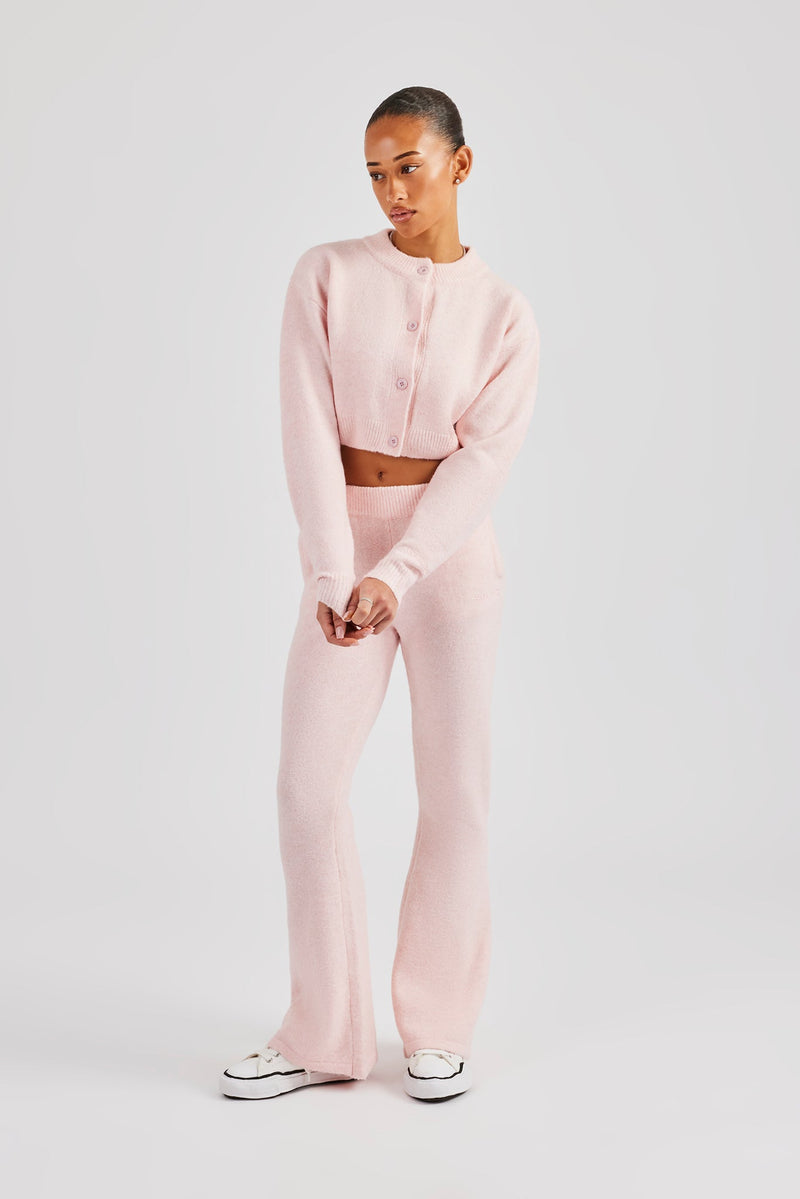 Knitted Cropped Cardigan & Flare Trouser - Baby Pink