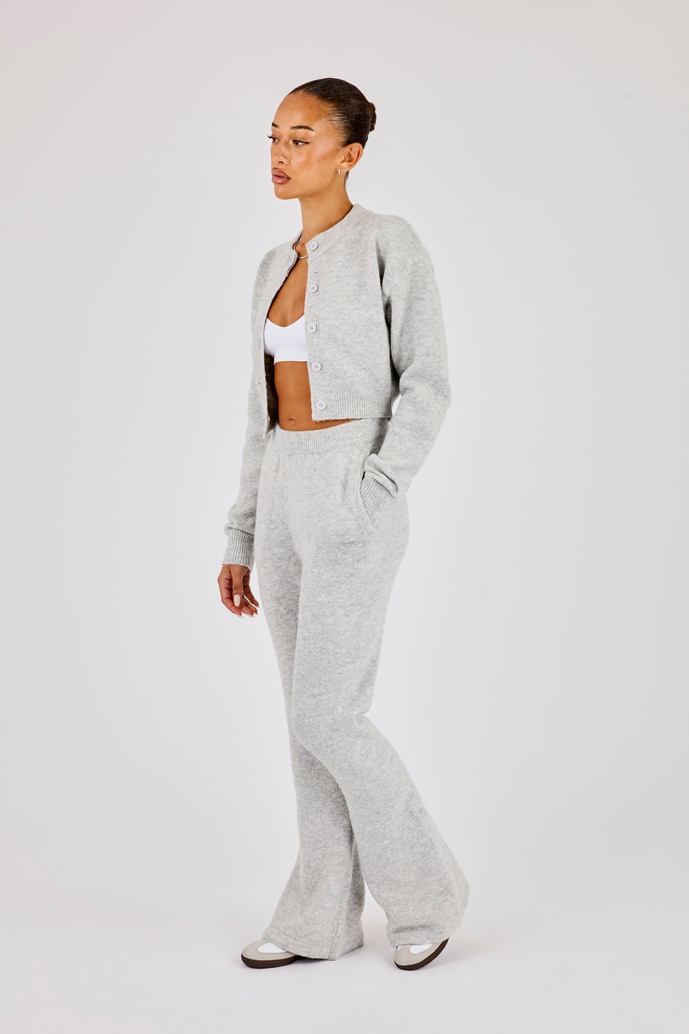 Knitted Cropped Cardigan & Flare Trouser - Grey