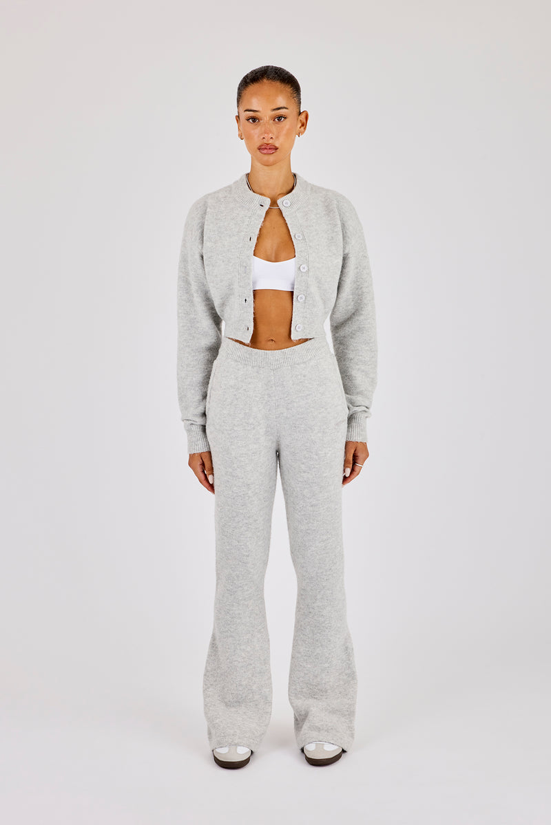 Knitted Cropped Cardigan & Flare Trouser - Grey