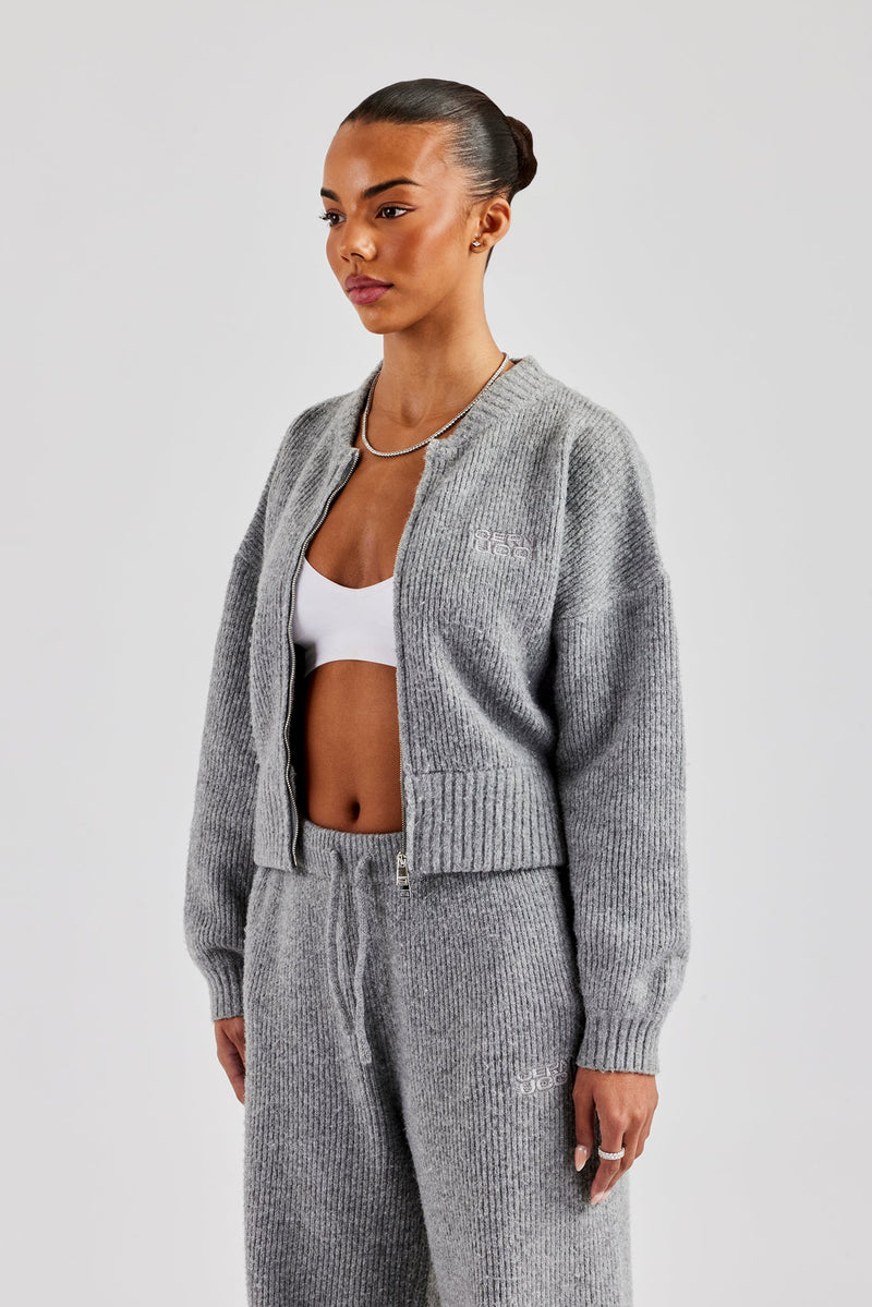 Knitted Zip Front Bomber - Grey