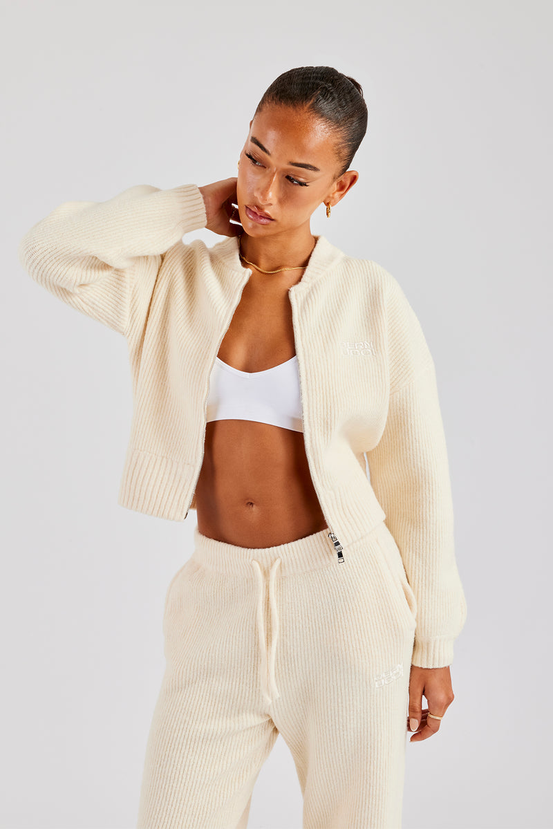 Knitted Zip Front Bomber - Oatmeal