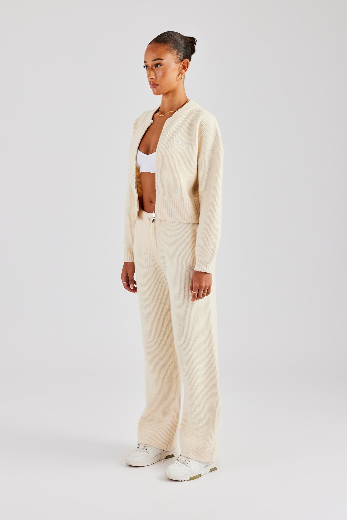 Knitted Zip Front Bomber and Jogger - Oatmeal