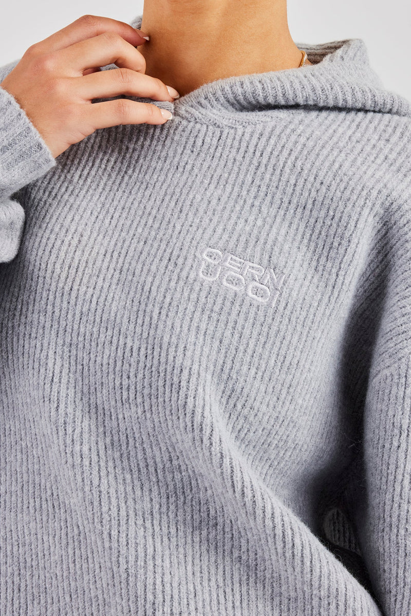 Knit Boxy Raglan Embroidered Hoodie - Grey