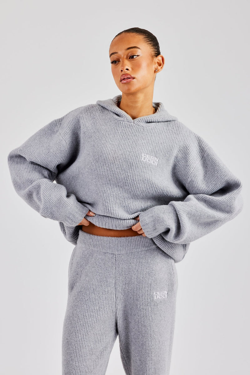 Knit Boxy Raglan Embroidered Hoodie - Grey