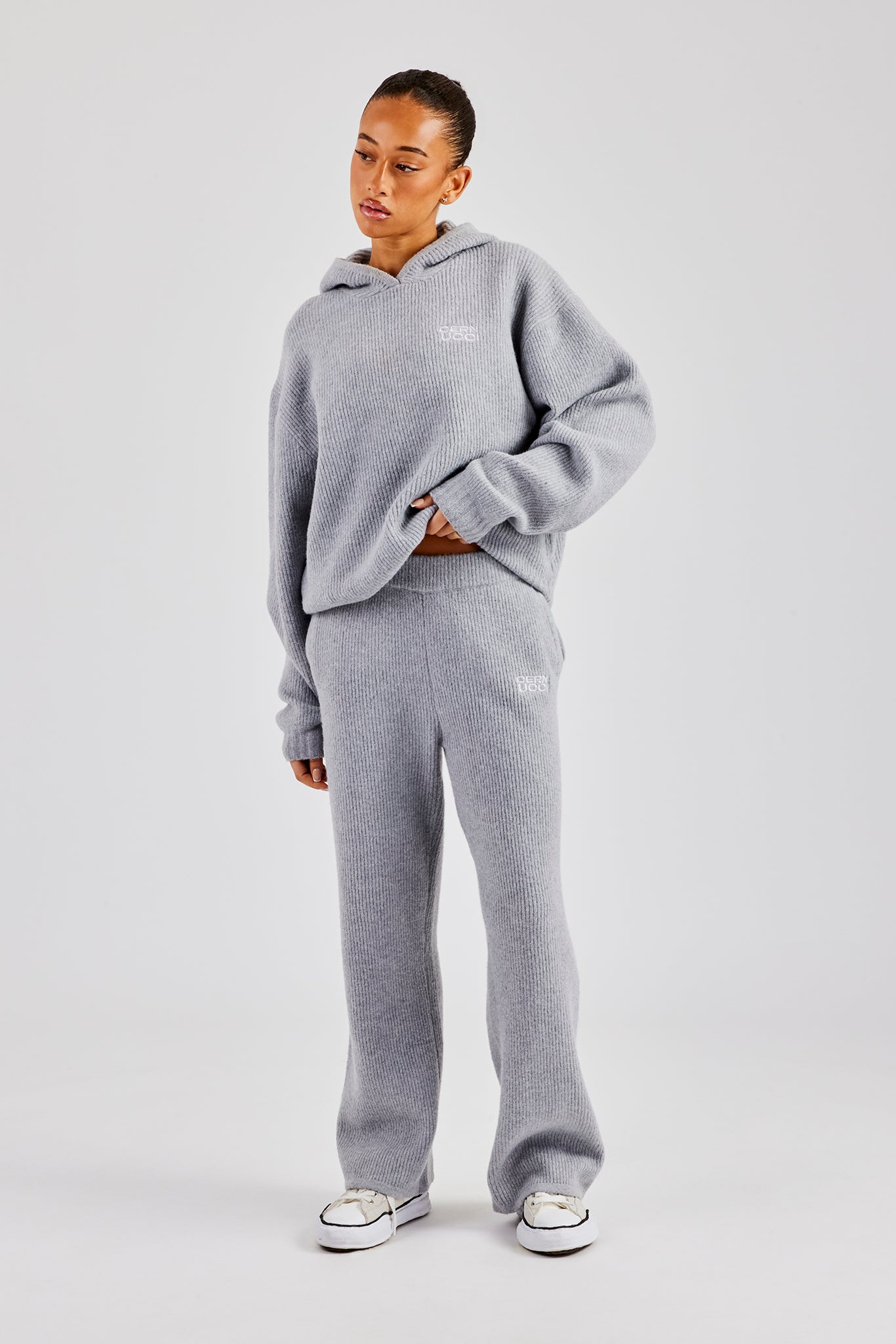 Knit Boxy Embroidered Hoodie - Grey