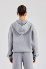 Knit Boxy Raglan Embroidered Hoodie - Grey