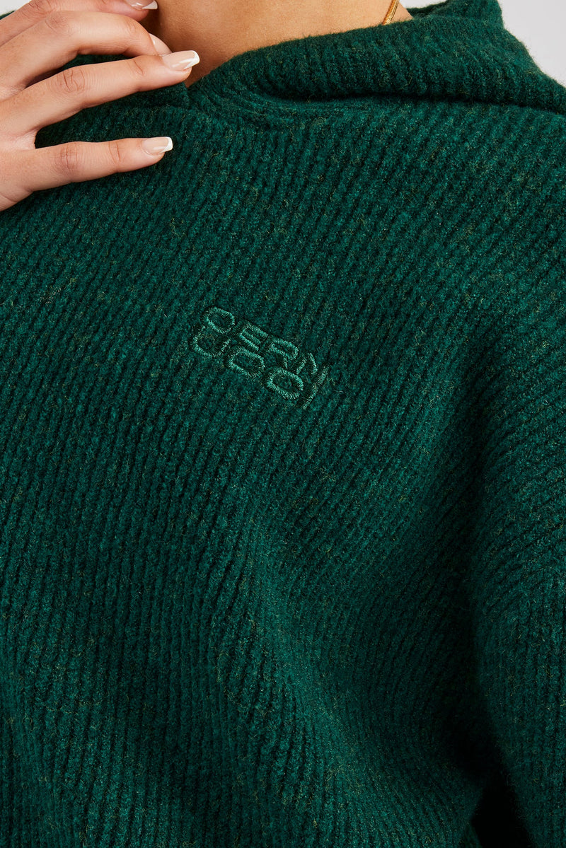 Knit Boxy Embroidered Hoodie - Forest Green