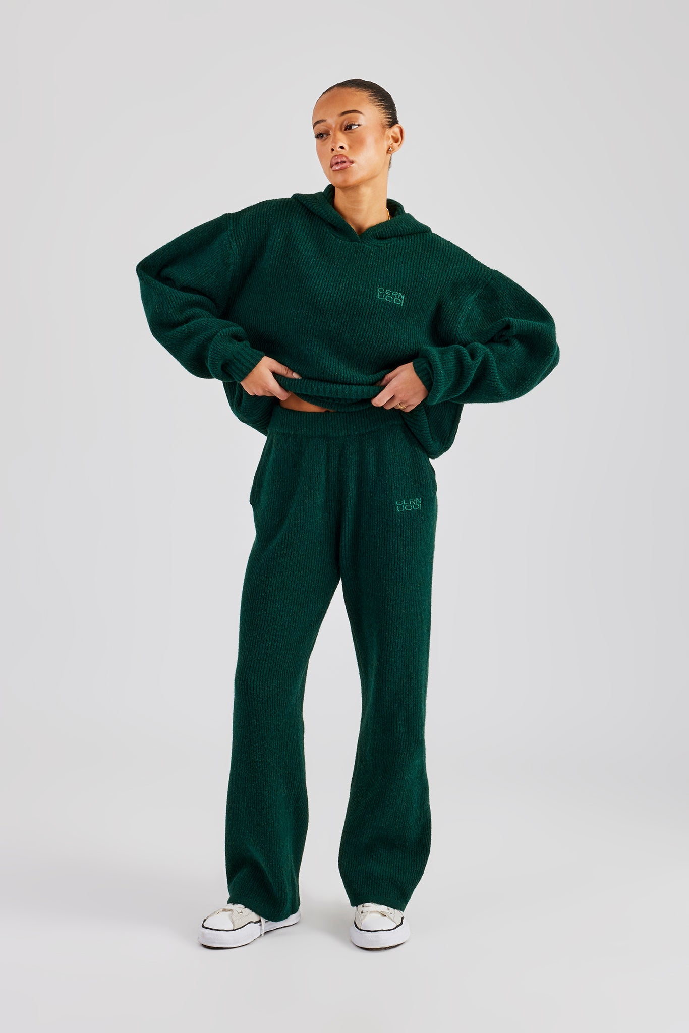 Knit Boxy Embroidered Tracksuit - Forest Green | Womens Sets
