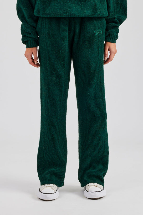 Knit Wide Leg Embroidered Jogger - Forest Green