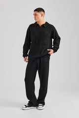 Knit Collared Sweat & Split Hem Jogger - Black