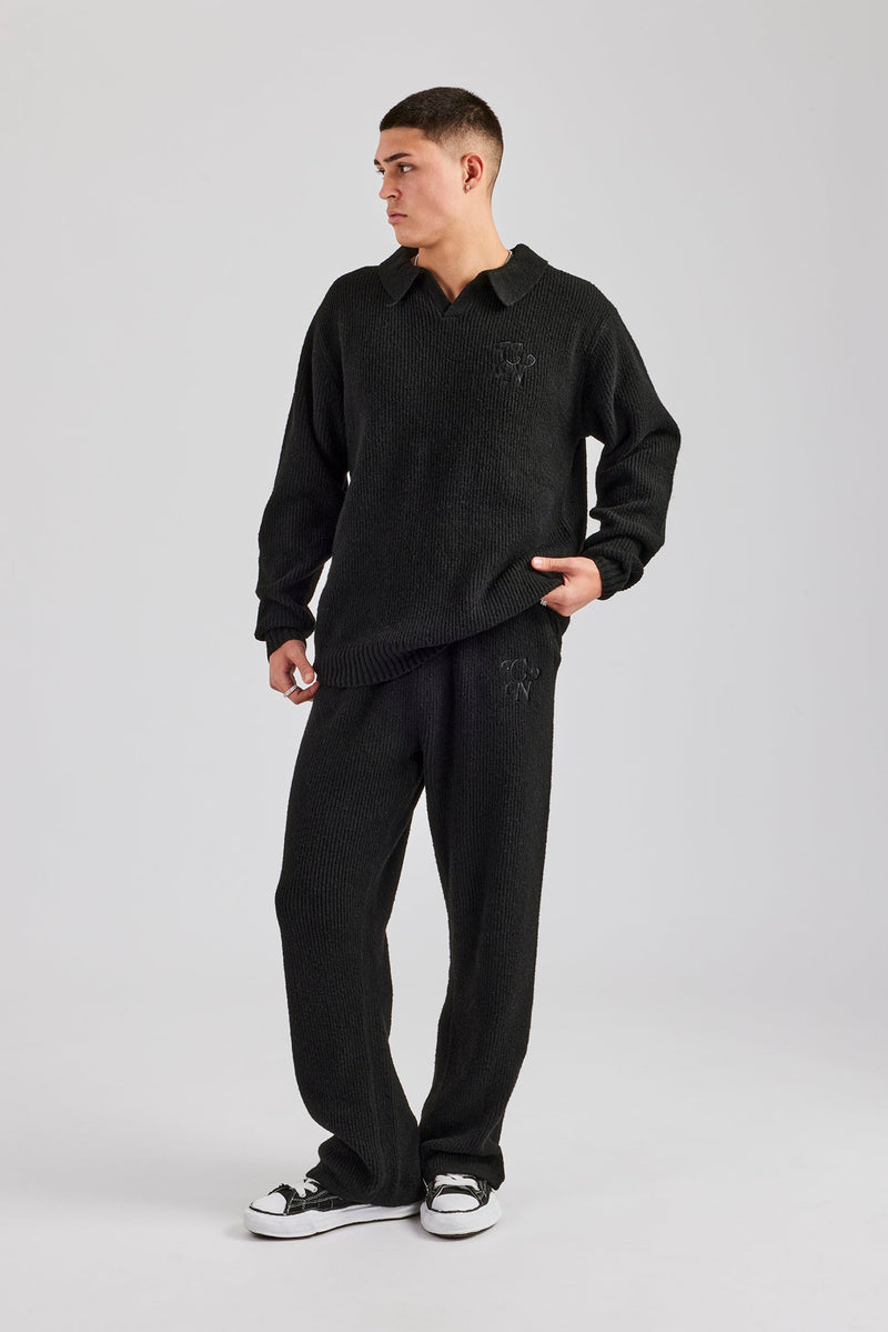 Knit Collared Sweat & Split Hem Jogger - Black