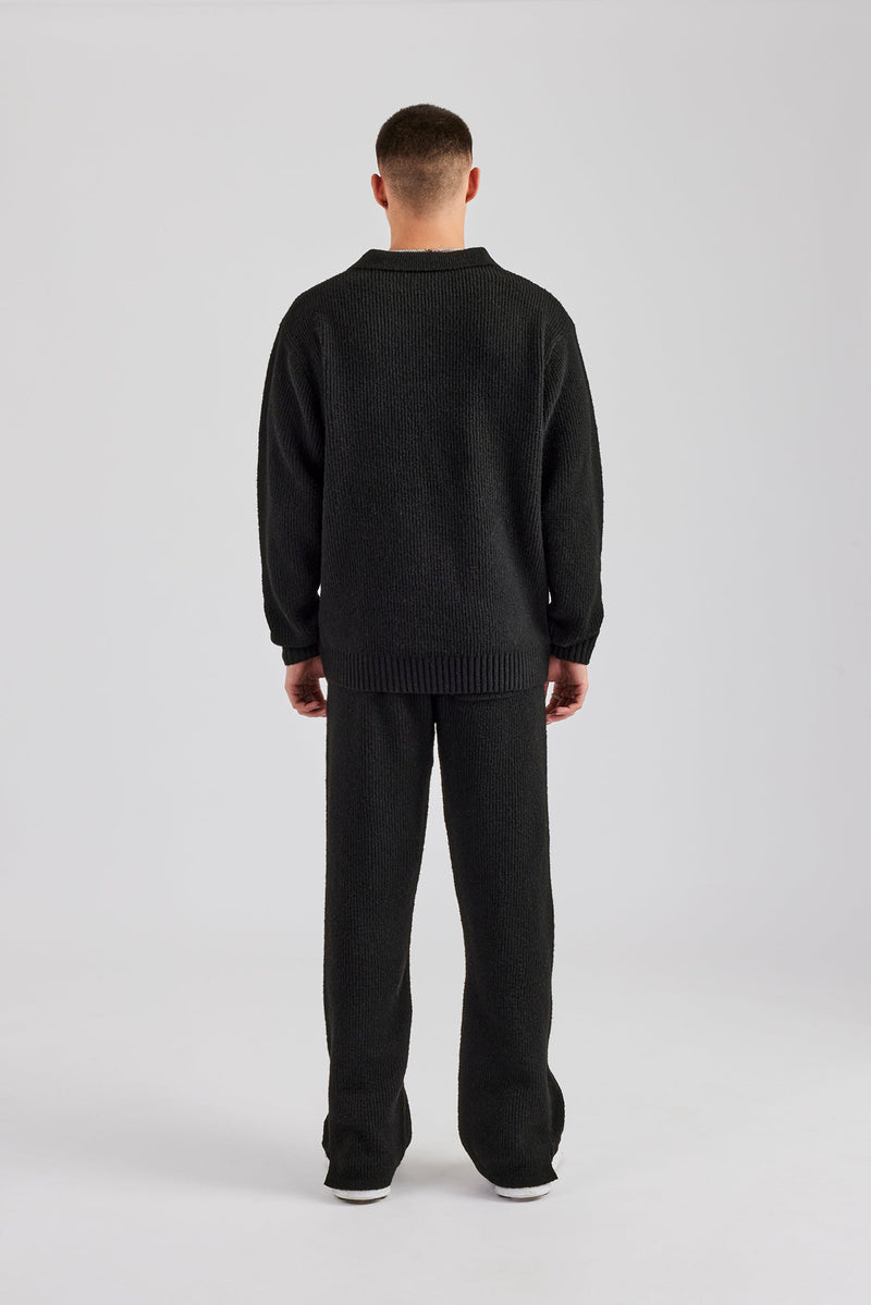 Knit Collared Sweat & Split Hem Jogger - Black