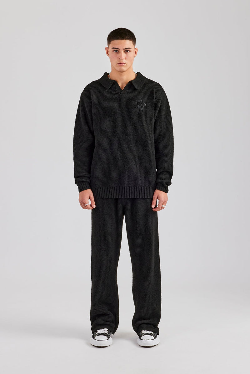 Knit Collared Sweat & Split Hem Jogger - Black