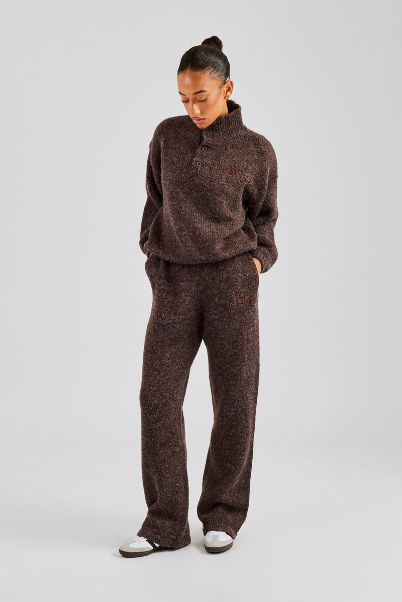 Knit Wide Leg Embroidered Jogger - Chocolate