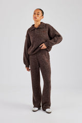 Knit Wide Leg Embroidered Jogger - Chocolate