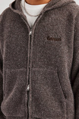 Tonal Zip Through Knit Hoodie - Mocha