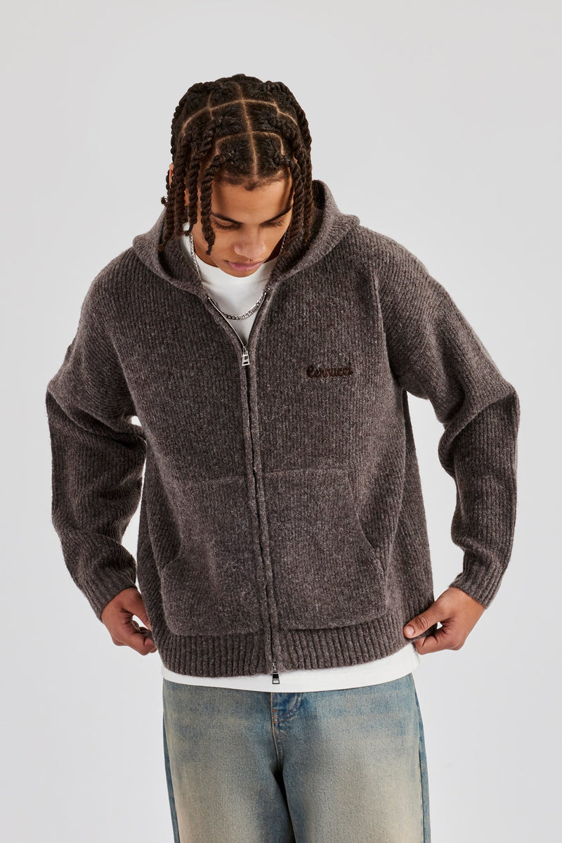 Tonal Zip Through Knit Hoodie - Mocha