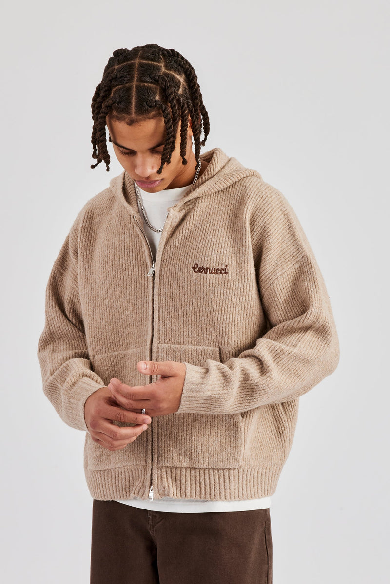 Tonal Zip Through Knit Hoodie - Stone