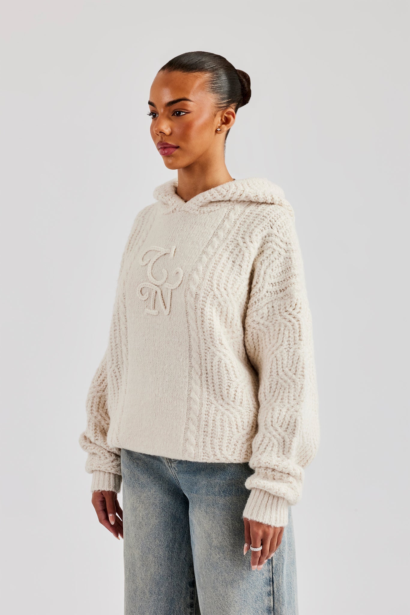 CCC Spliced Cable Knit Hoodie - Off White | Womens Knitwear | Shop