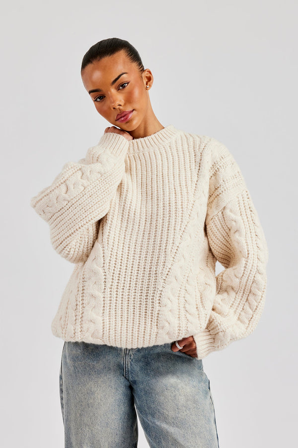 Oversized Cable Knit Sweater - Off White