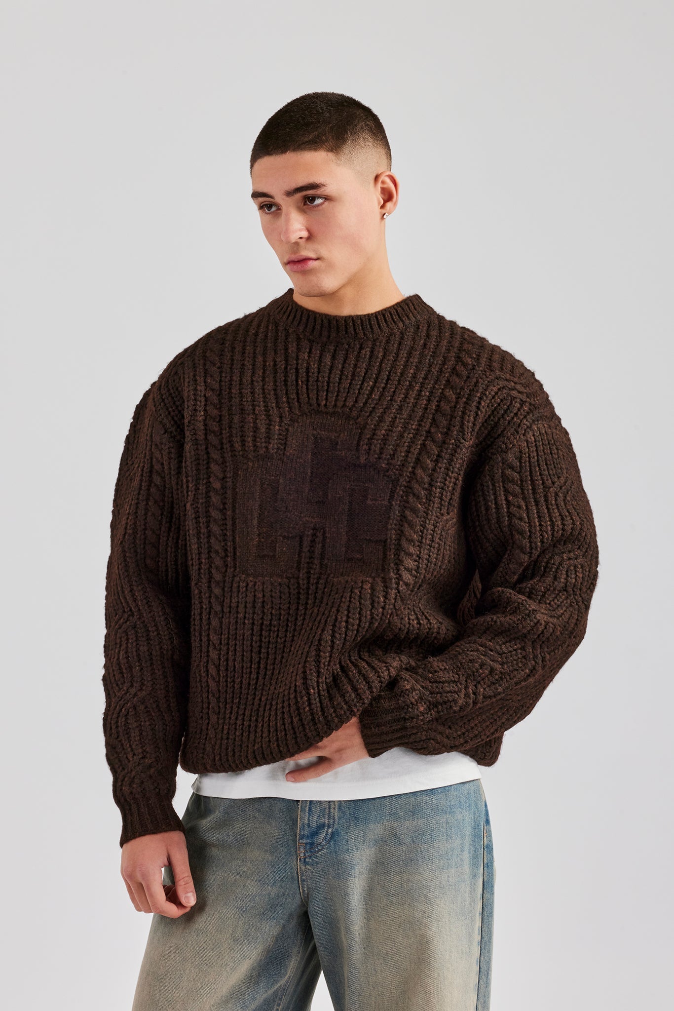 CCC Spliced Cable Knit Sweater - Chocolate | Mens Knitwear | Shop