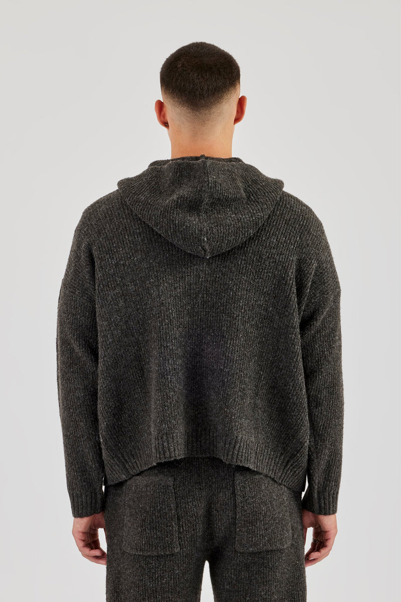 Embroidered Knitted Zip Hoodie - Chocolate