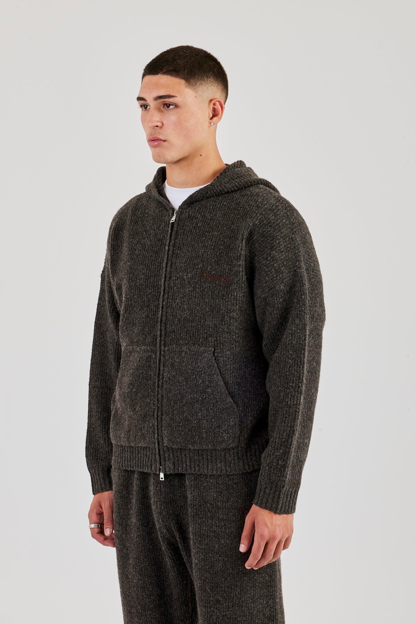 Embroidered Knitted Zip Hoodie - Chocolate